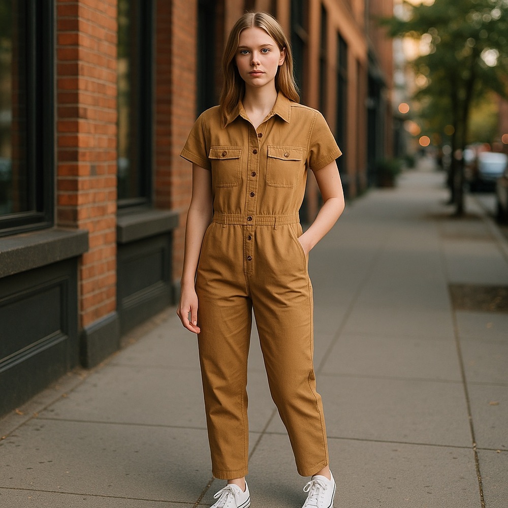NWT Outerknown S.E.A. Suit  Sand Brown Organic Cotton Linen Jumpsuit Coveralls